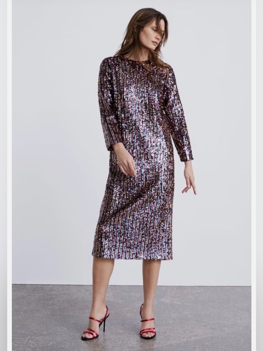 NWT - ZARA - Multicoloured Sequin long sleeve midi dress. Small